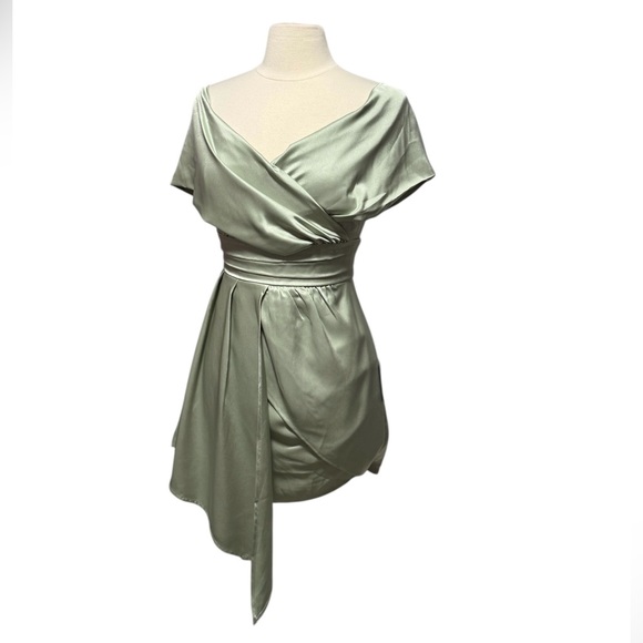 Lulus Always Celebrating Sage Asymmetrical Off Shoulder Mini Dress Small NWT - Picture 3 of 16